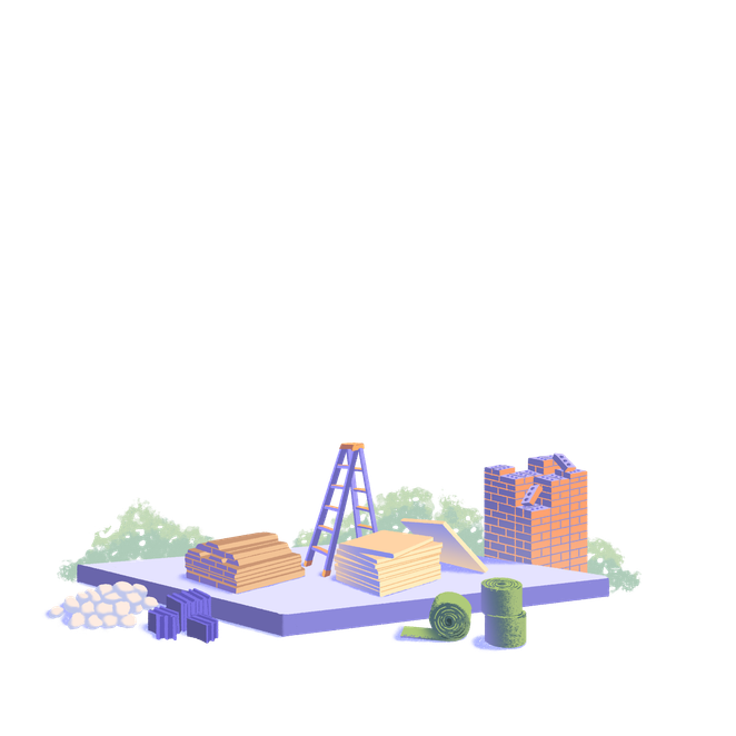 An illustration of an undeveloped plot with stacks of lumber, bricks, a ladder, and other building materials