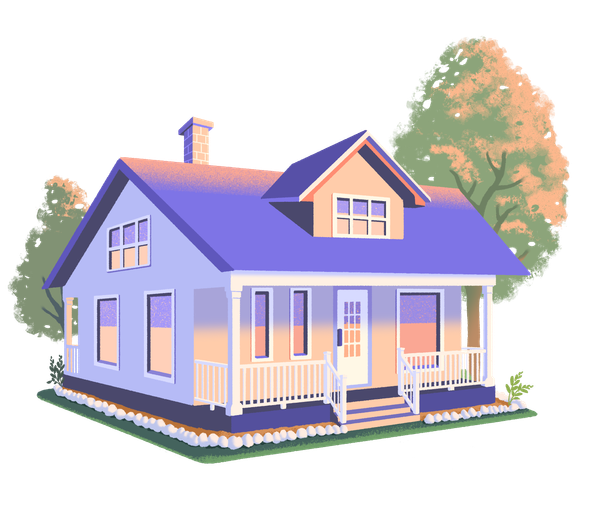 A finished purple and peach house with a porch and an autumn tree