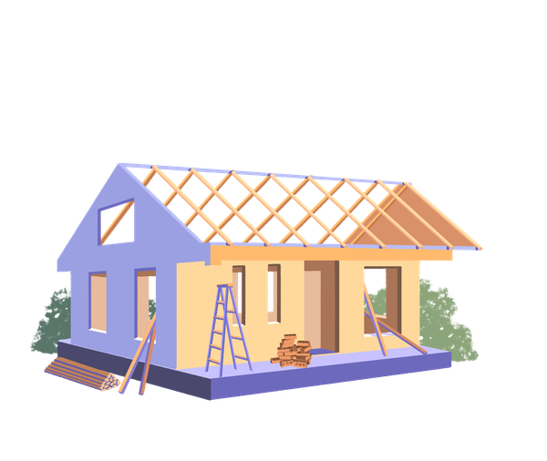 A purple and peach house under construction with an exposed wooden roof frame and a ladder