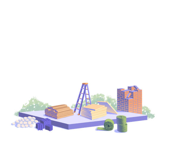 A purple plot of land with ladders, stacked lumber, bricks, and a roll of insulation